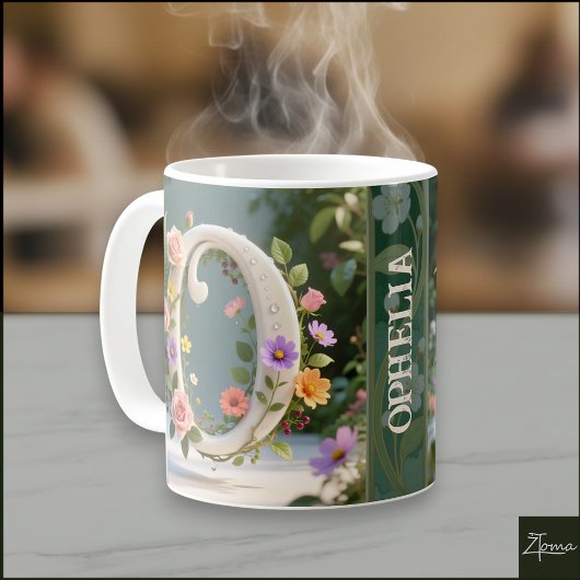 Witte bloementuin monogram letter O Koffiemok
