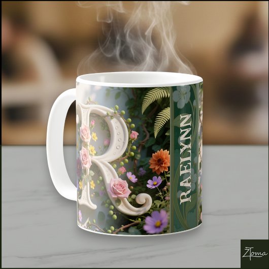 Witte bloementuin monogram letter R Koffiemok