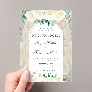 Witte bloementuin Nuestra Boda Spaanse bruiloft Acryl Uitnodigingen