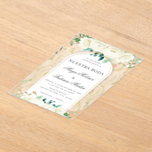 Witte bloementuin Nuestra Boda Spaanse bruiloft Acryl Uitnodigingen (Laagn)