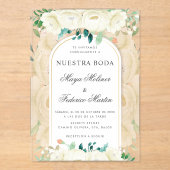 Witte bloementuin Nuestra Boda Spaanse bruiloft Acryl Uitnodigingen (Voorkant)