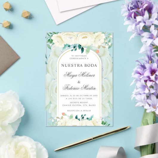 Witte bloementuin Nuestra Boda Spaanse bruiloft Acryl Uitnodigingen (Insitu (Huwelijk))