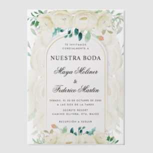 Witte bloementuin Nuestra Boda Spaanse bruiloft Vellum Uitnodigingen