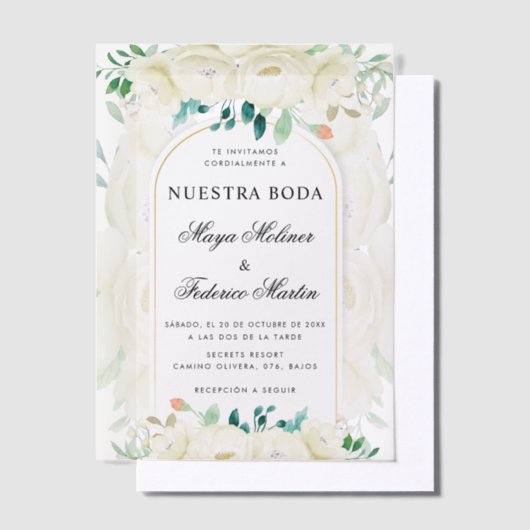 Witte bloementuin Nuestra Boda Spaanse bruiloft Vellum Uitnodigingen (Offset)