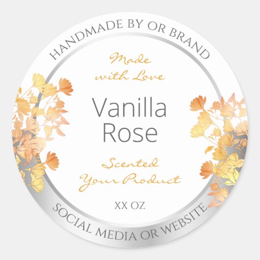 Witte bloemenverpakkingslabel Sinaasappel Silver Ronde Sticker (Voorkant)