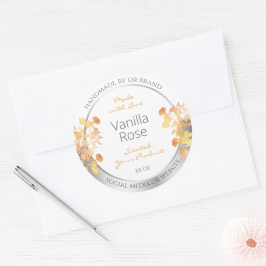 Witte bloemenverpakkingslabel Sinaasappel Silver Ronde Sticker (Envelop)
