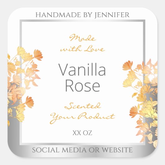 Witte bloemenverpakkingslabel Sinaasappel Silver Vierkante Sticker (Voorkant)