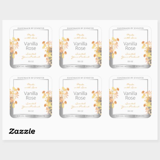 Witte bloemenverpakkingslabel Sinaasappel Silver Vierkante Sticker (Vel)