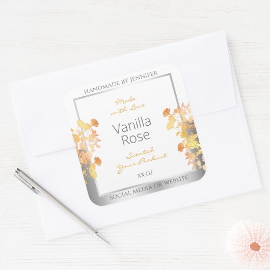 Witte bloemenverpakkingslabel Sinaasappel Silver Vierkante Sticker (Envelop)