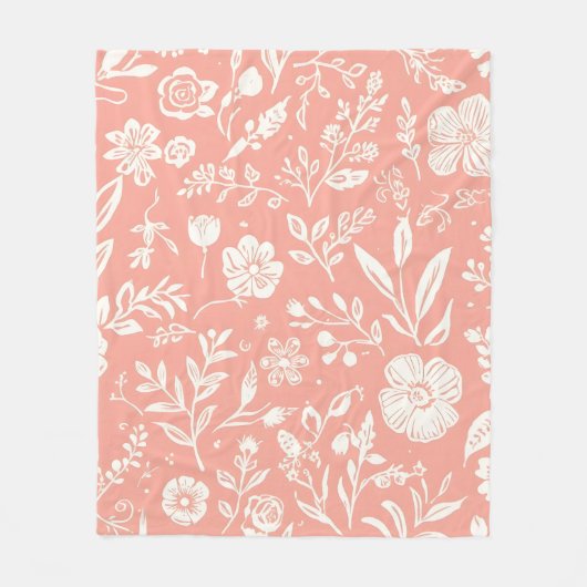 Witte bloemenweide op koraalroze fleece deken (Voorkant)