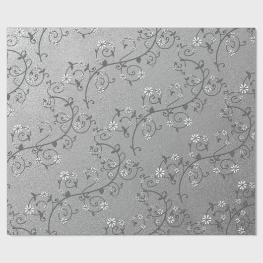 Witte bloemenwijnstok op zilver inpakpapier (Vlak)