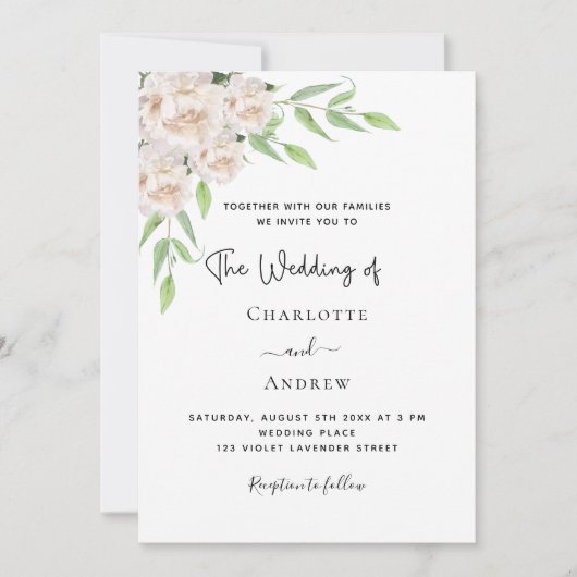 Witte bloemetjes groen QR code RSVP bruiloft Kaart (Voorkant)