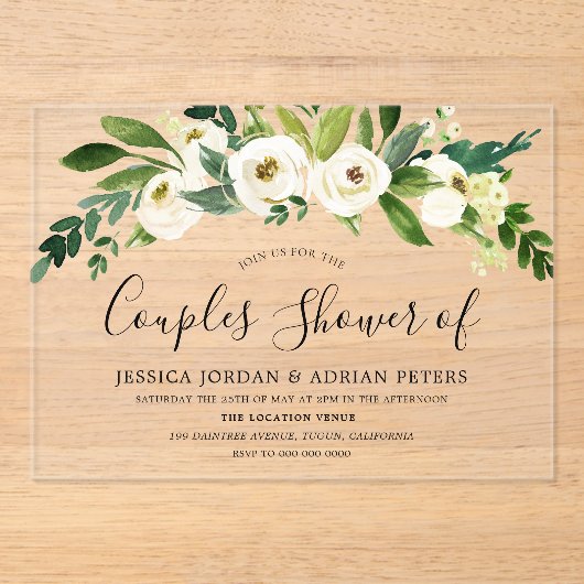 Witte bloemige alle seizoenen koppel shower acryl uitnodigingen (Voorkant)