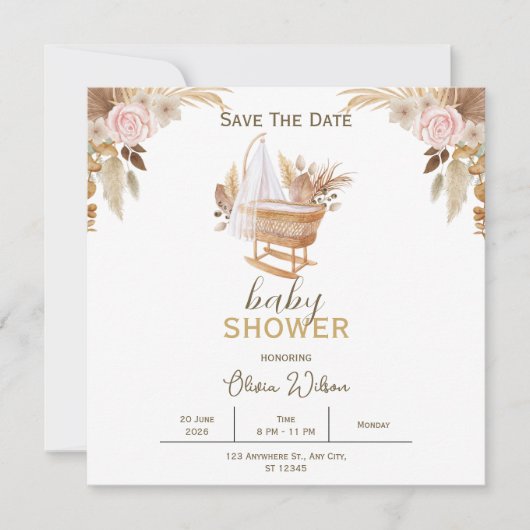 Witte bloemige babyshower save the date kaart (Voorkant)