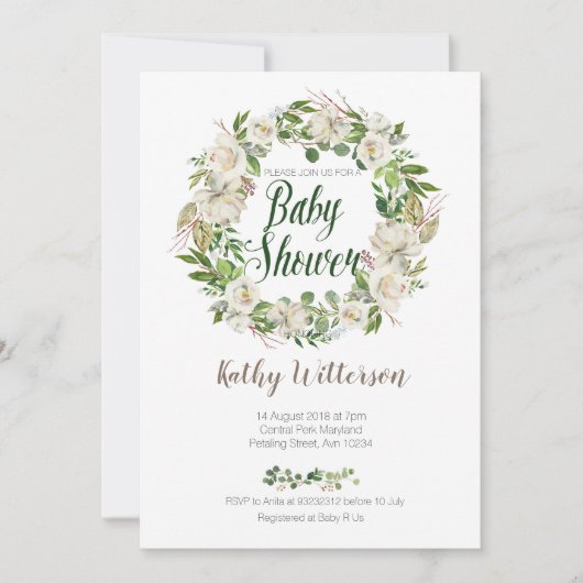 Witte bloemige babyshower uitnodigingskaart kaart (Voorkant)