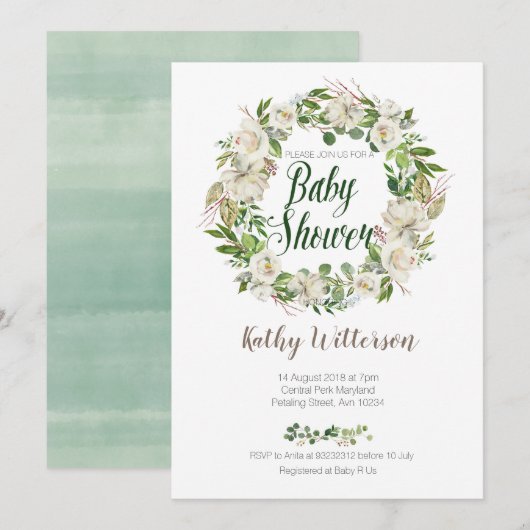 Witte bloemige babyshower uitnodigingskaart kaart (Voorkant / Achterkant)
