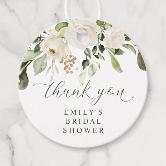 Witte bloemige beplanting Bruidsdouche Rond Bedankjes Labels (Voorkant)