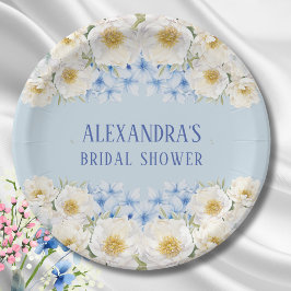 Witte bloemige blauwe hortensia tuin bruidsdouche papieren bordje