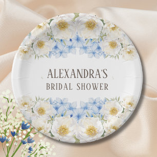 Witte bloemige blauwe hortensia tuin bruidsdouche papieren bordje