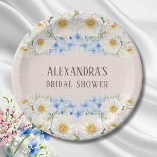 Witte bloemige blauwe hortensia tuin bruidsdouche papieren bordje