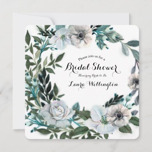 Witte bloemige bloemen botanische groen krans kaart (Voorkant)