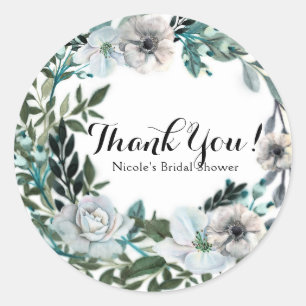 Witte bloemige bloemen botanische groene krans ronde sticker