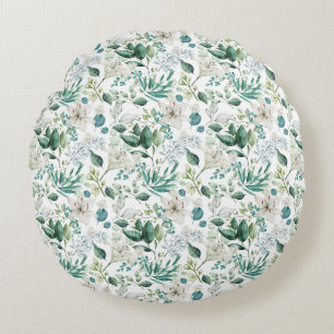 Witte bloemige bloemen groen Eucalyptus Elegant Rond Kussen