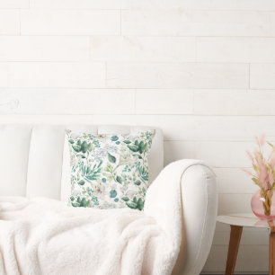 Witte bloemige bloemen groenblijvende eucalyptus t kussen