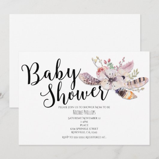 Witte bloemige Boho Chic babyshower uitnodigingen (Voorkant / Achterkant)