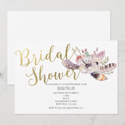 Witte Bloemige Boho Gouden Bruiloftsuitnodigingen Kaart (Voorkant / Achterkant)