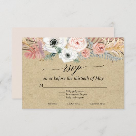 Witte bloemige Boho Pampas Gras Tropische Palm RSV RSVP Kaartje (Voorkant / Achterkant)