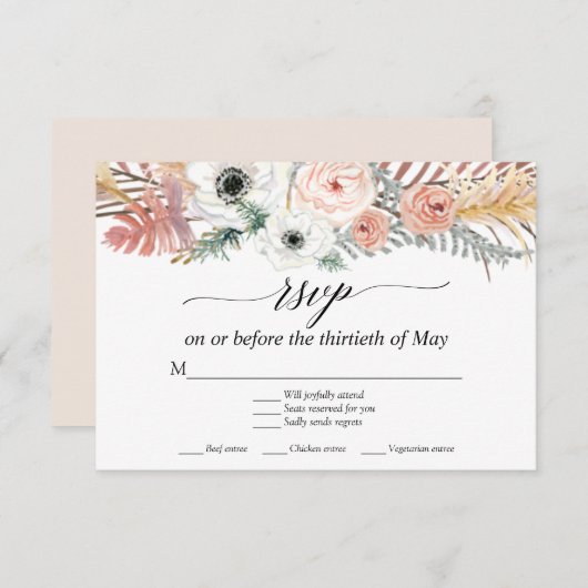 Witte bloemige Boho Pampasgras Tropische Palm RSVP (Voorkant / Achterkant)