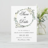 Witte bloemige botanische bruiloft save the date (Staand voorkant)