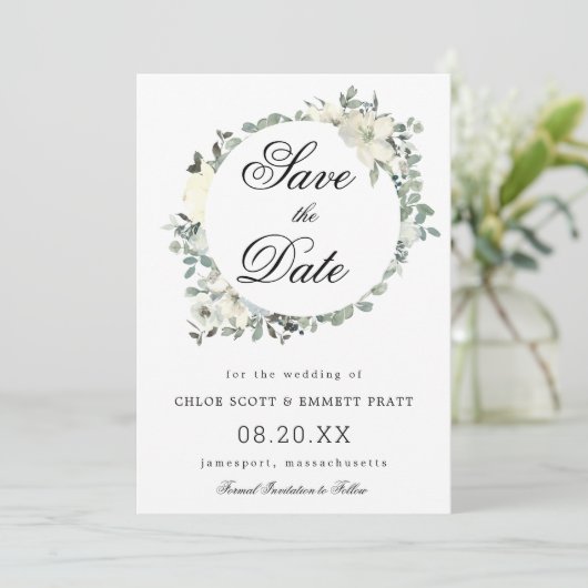 Witte bloemige botanische bruiloft save the date (Staand voorkant)