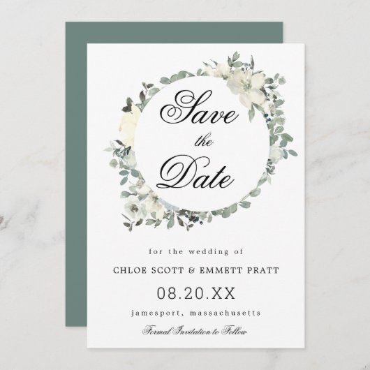 Witte bloemige botanische bruiloft save the date (Voorkant / Achterkant)