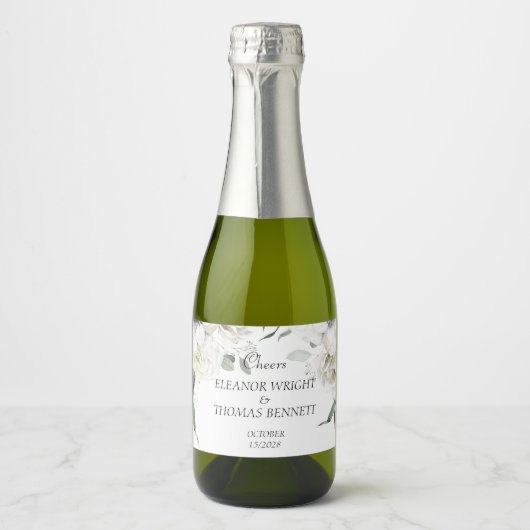 Witte bloemige botanische mini-champagnefleslabel sparkling wijnetiket (Voorkant)