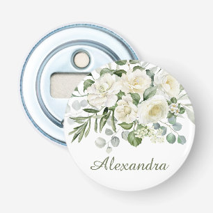 Witte bloemige bruidsmeisje cadeau button flesopener
