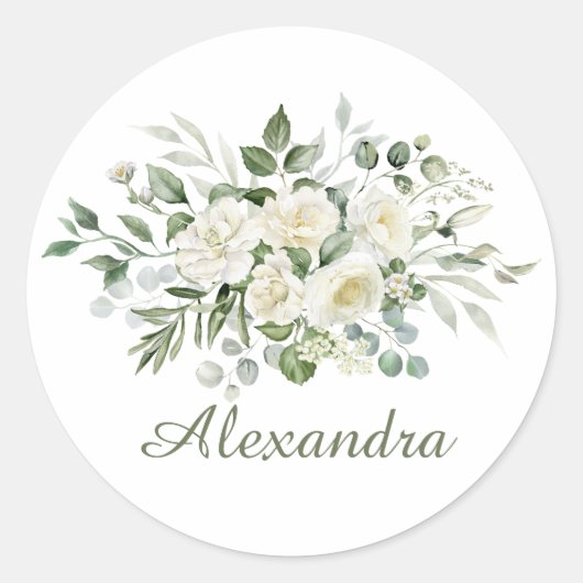 Witte bloemige bruidsmeisje cadeau ronde sticker (Voorkant)