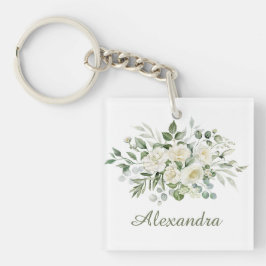 Witte bloemige bruidsmeisje cadeau sleutelhanger
