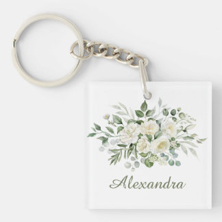 Witte bloemige bruidsmeisje cadeau sleutelhanger