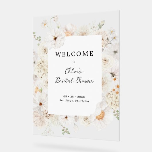 Witte bloemige bruidsontbijt welkom acryl bord (Hoek)