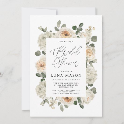 Witte bloemige bruidsuitnodiging voor bruidsfeest kaart (Voorkant)