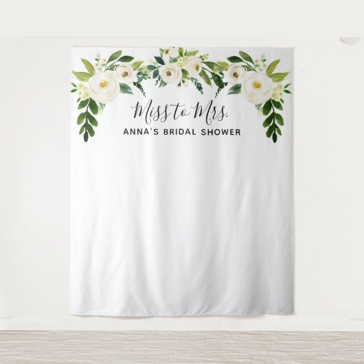 Witte bloemige bruiloftsshower achtergrond wandkleed (Voorkant)