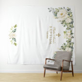 Witte bloemige doopmeisje fotohokje prop met charm wandkleed (In Situ (horizontaal))