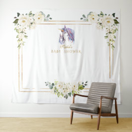 Witte Bloemige Eenhoorn Fotohokje Baby Shower Wandkleed