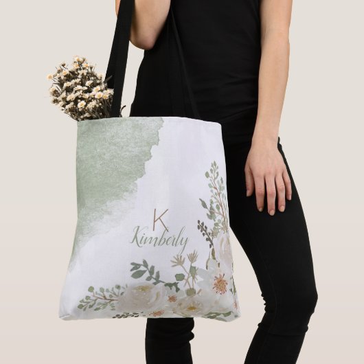 Witte Bloemige Elegante Initiële Naam Monogram Tote Bag (Dichtbij)