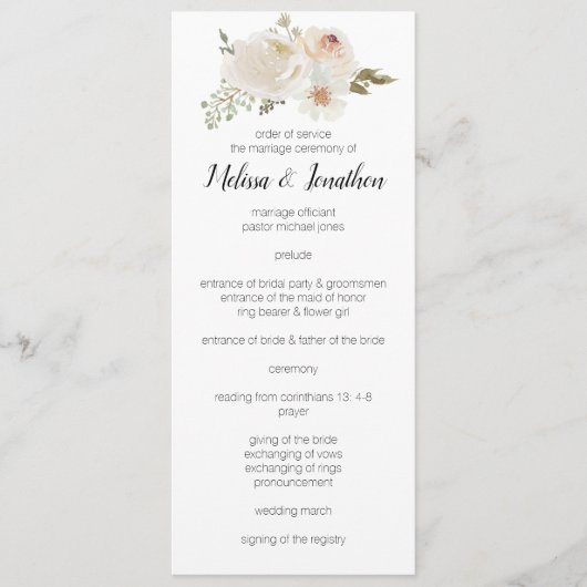 Witte Bloemige Elegante Romantische Bruiloft Programmakaart (Voorkant)