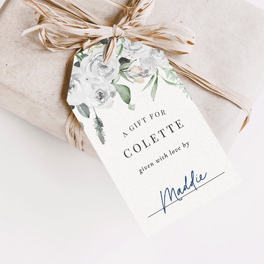 Witte bloemige Eucalyptus Bruiloftsfeest Display Cadeaulabel