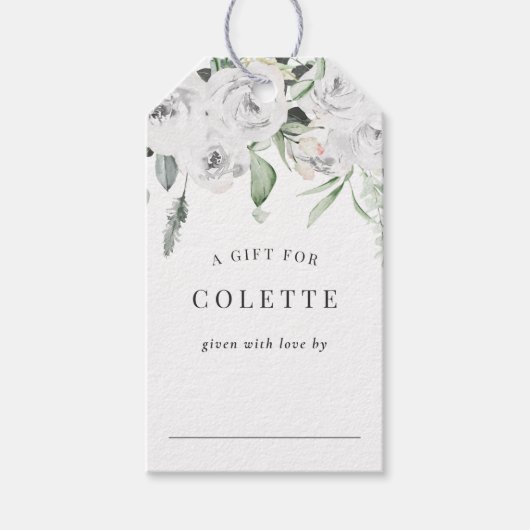 Witte bloemige Eucalyptus Bruiloftsontbijt Display Cadeaulabel (Voorkant)