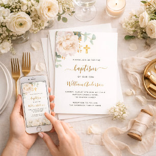 Witte bloemige eucalyptus groen kruis doop kaart